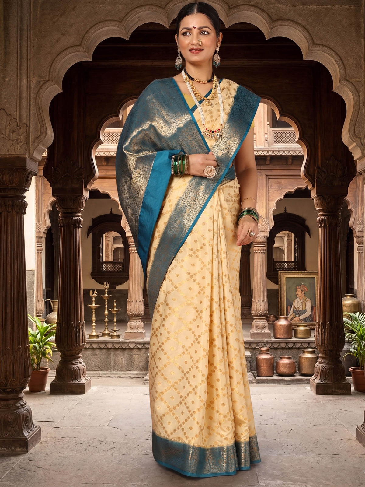 Off White Blue Woven Design Balaton Saree