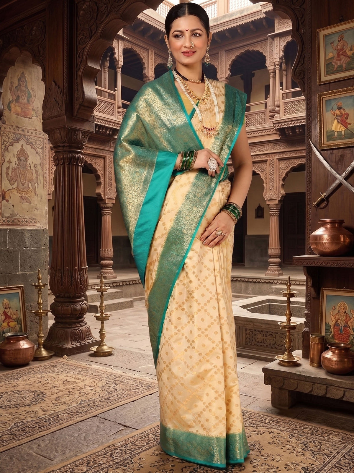 Off White Dark Blue Woven Design Balaton Saree