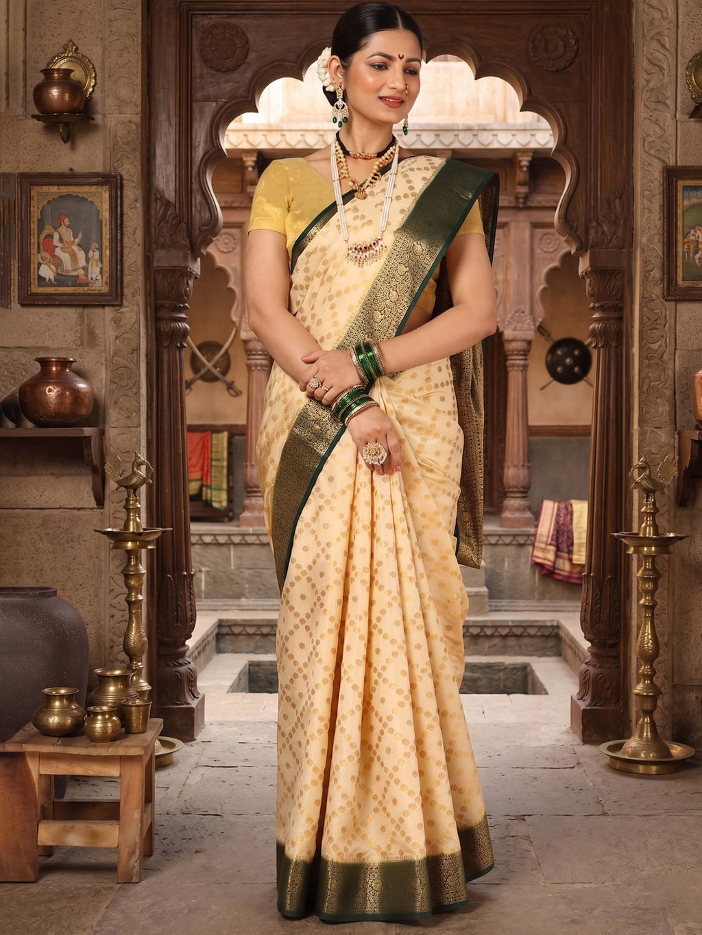 Off White Dark Green Woven Design Balaton Saree