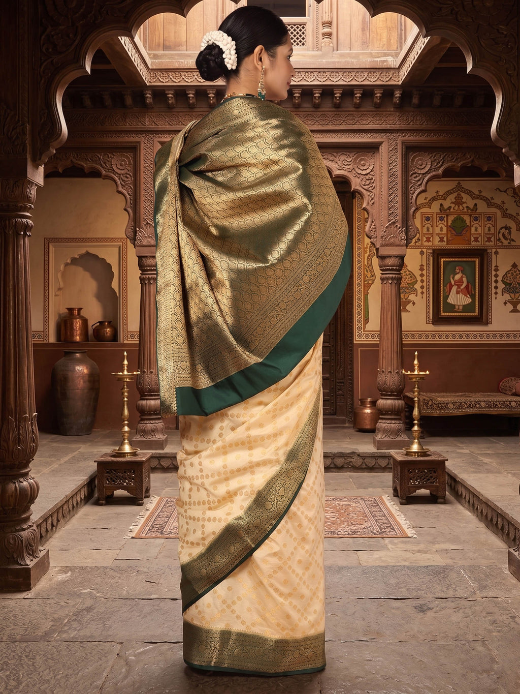 Off White Dark Green Woven Design Balaton Saree