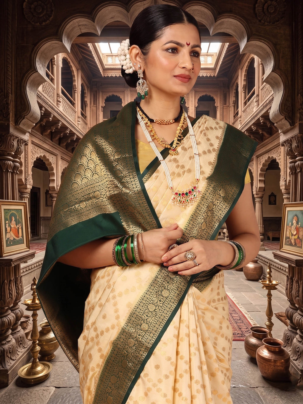 Off White Dark Green Woven Design Balaton Saree