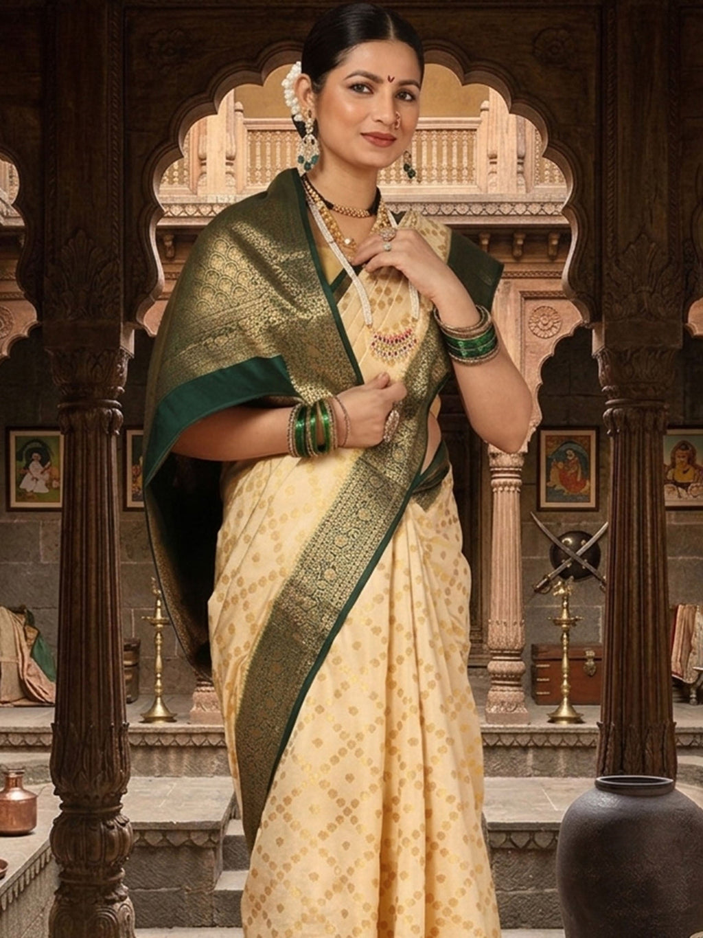 Off White Dark Green Woven Design Balaton Saree
