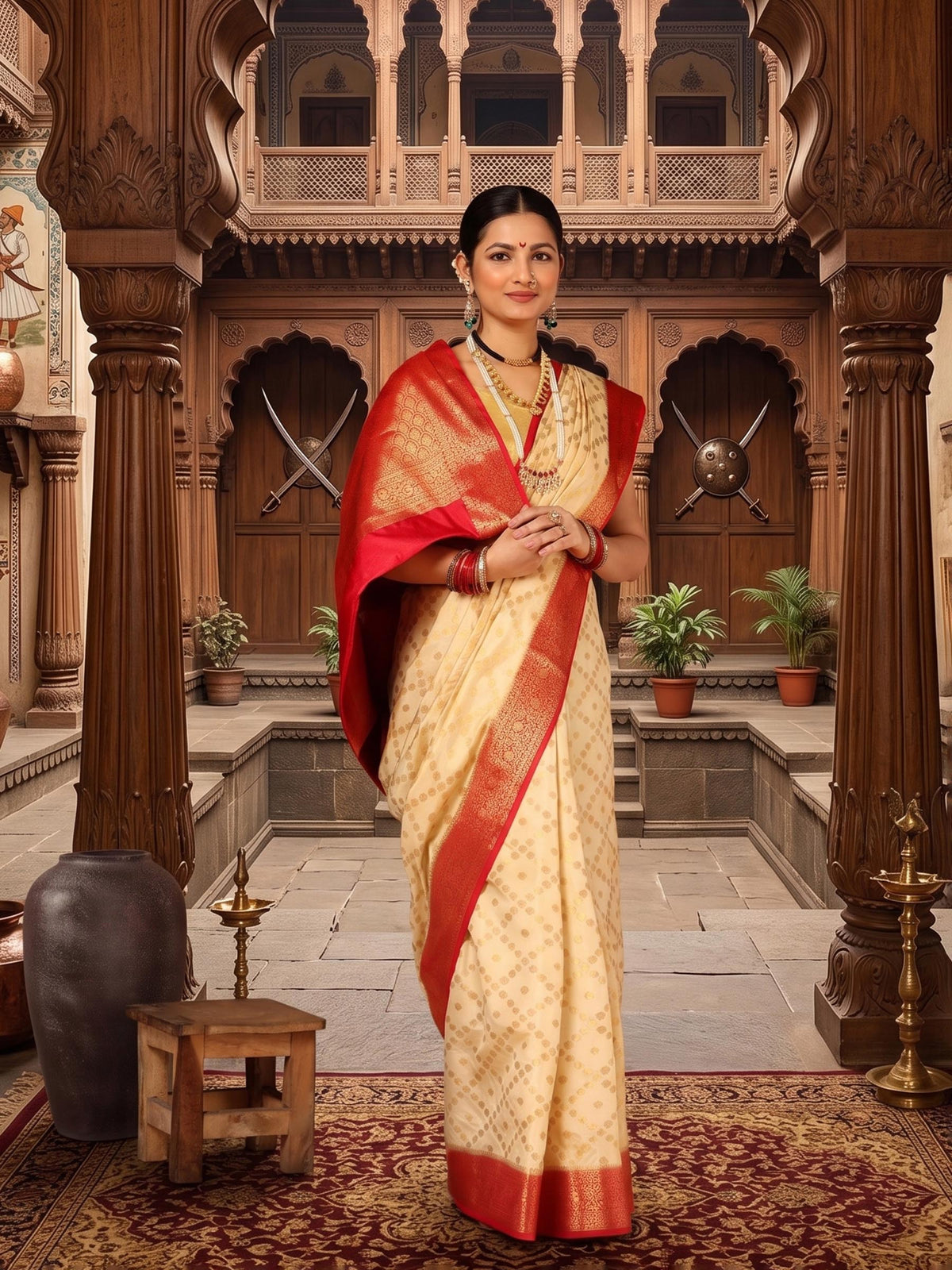 Off White Red Woven Design Balaton Saree