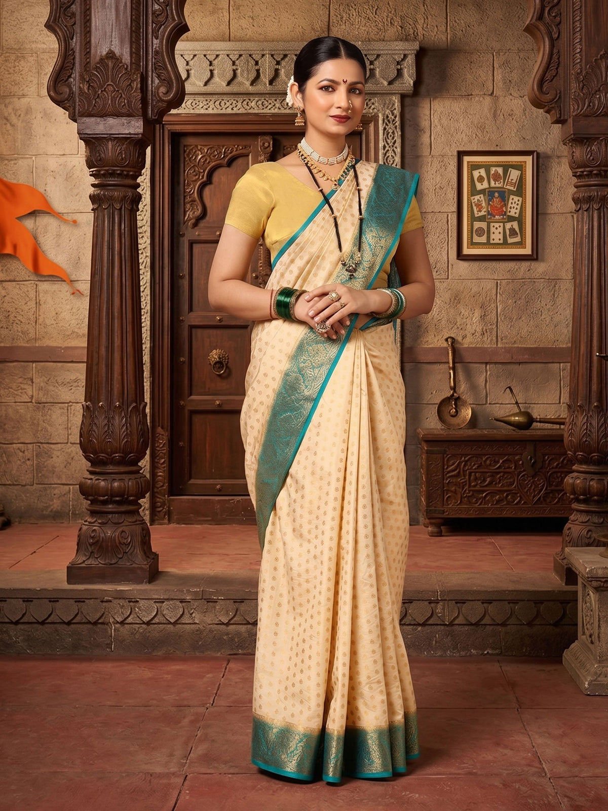 Off White Dark Blue Woven Design Balaton Saree