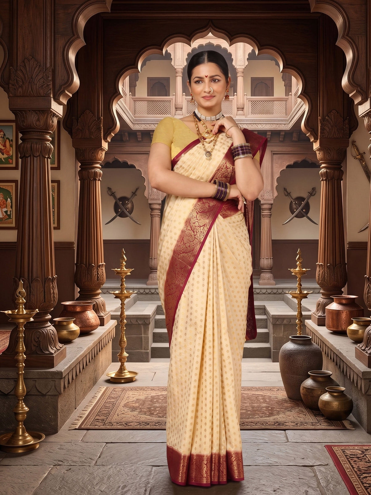 Off White Maroon Woven Design Balaton Saree