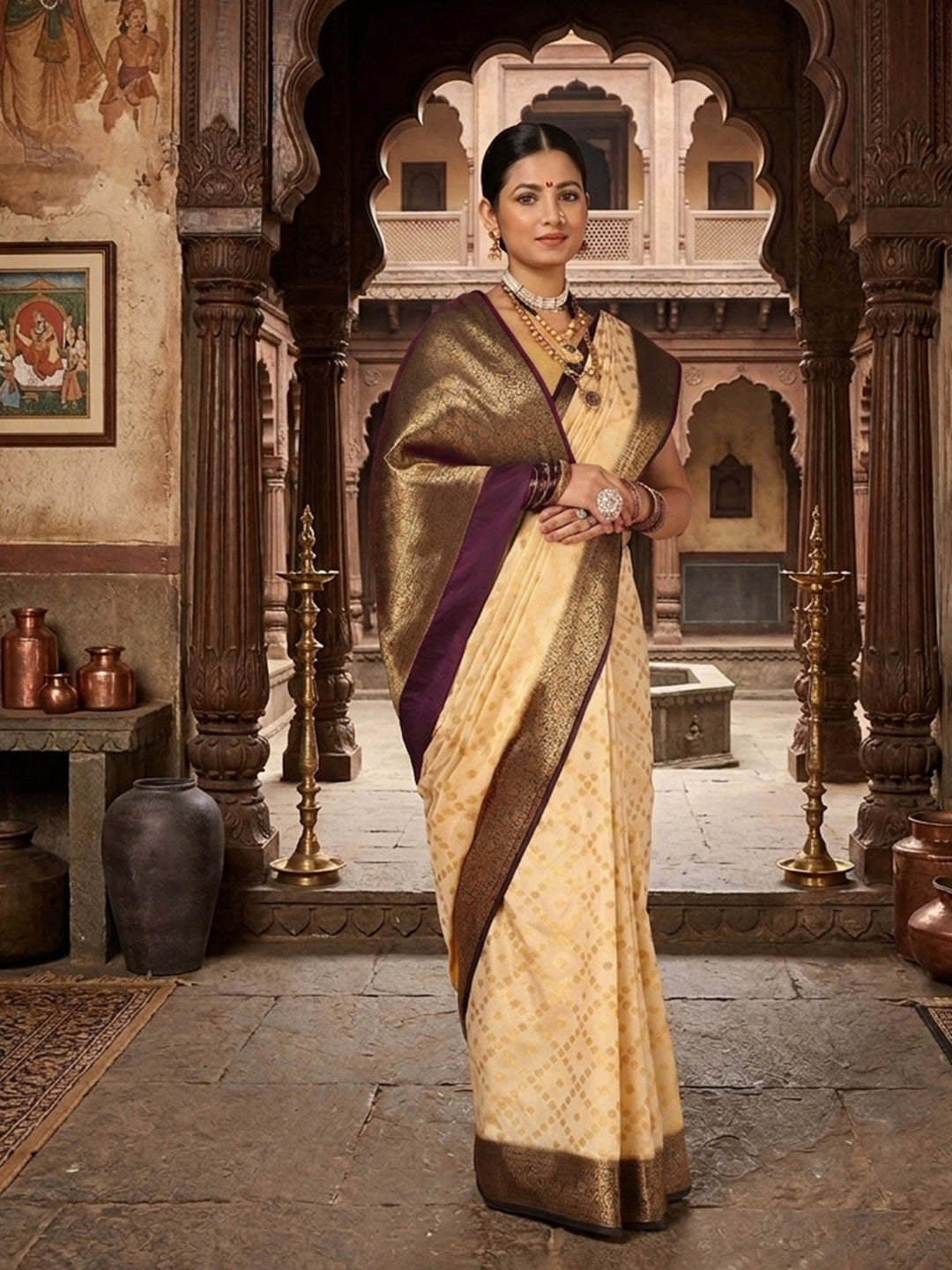 Off White Navy Woven Design Balaton Saree