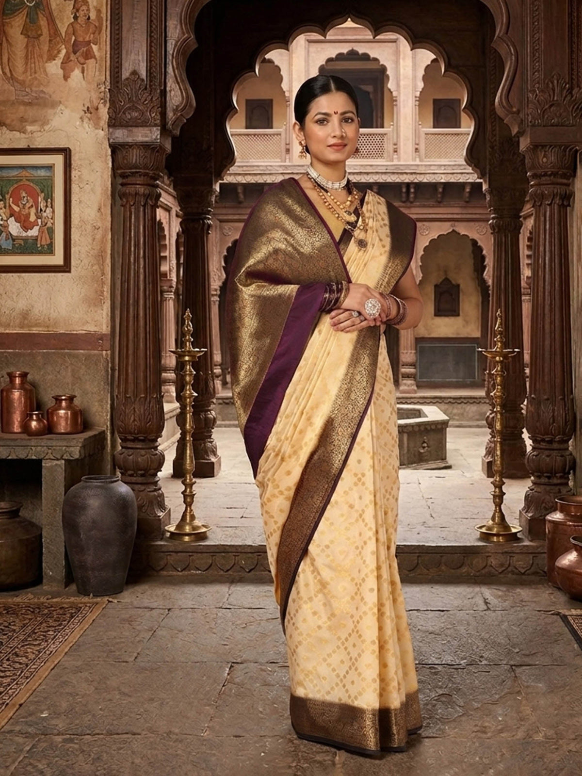 Off White Navy Woven Design Balaton Saree