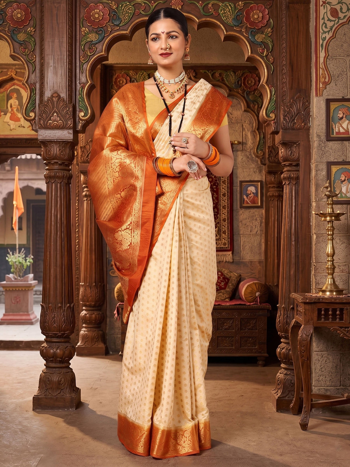 Off White Orange Woven Design Balaton Saree