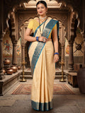 Off White Peacock Blue Woven Design Balaton Saree