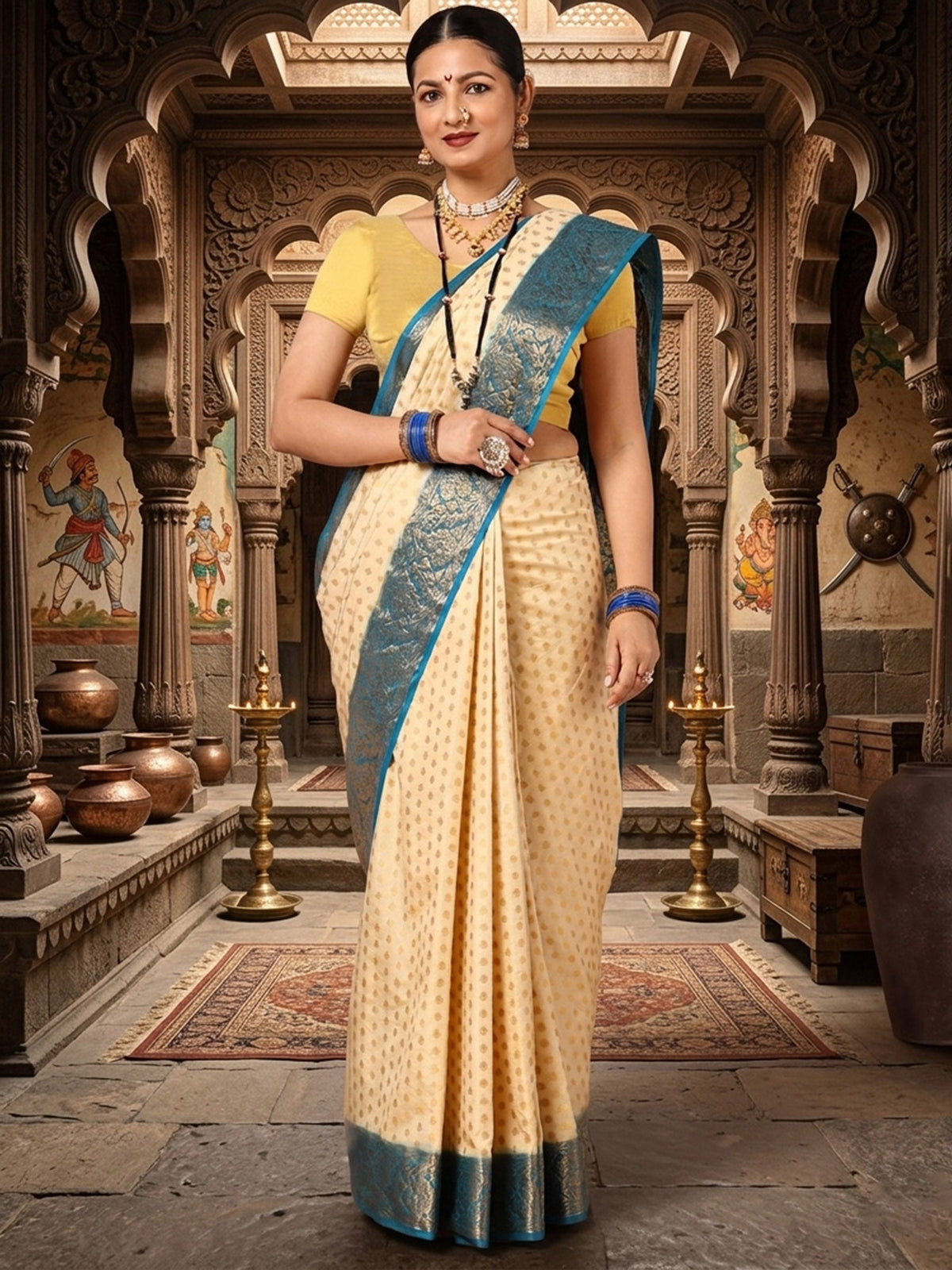 Off White Peacock Blue Woven Design Balaton Saree