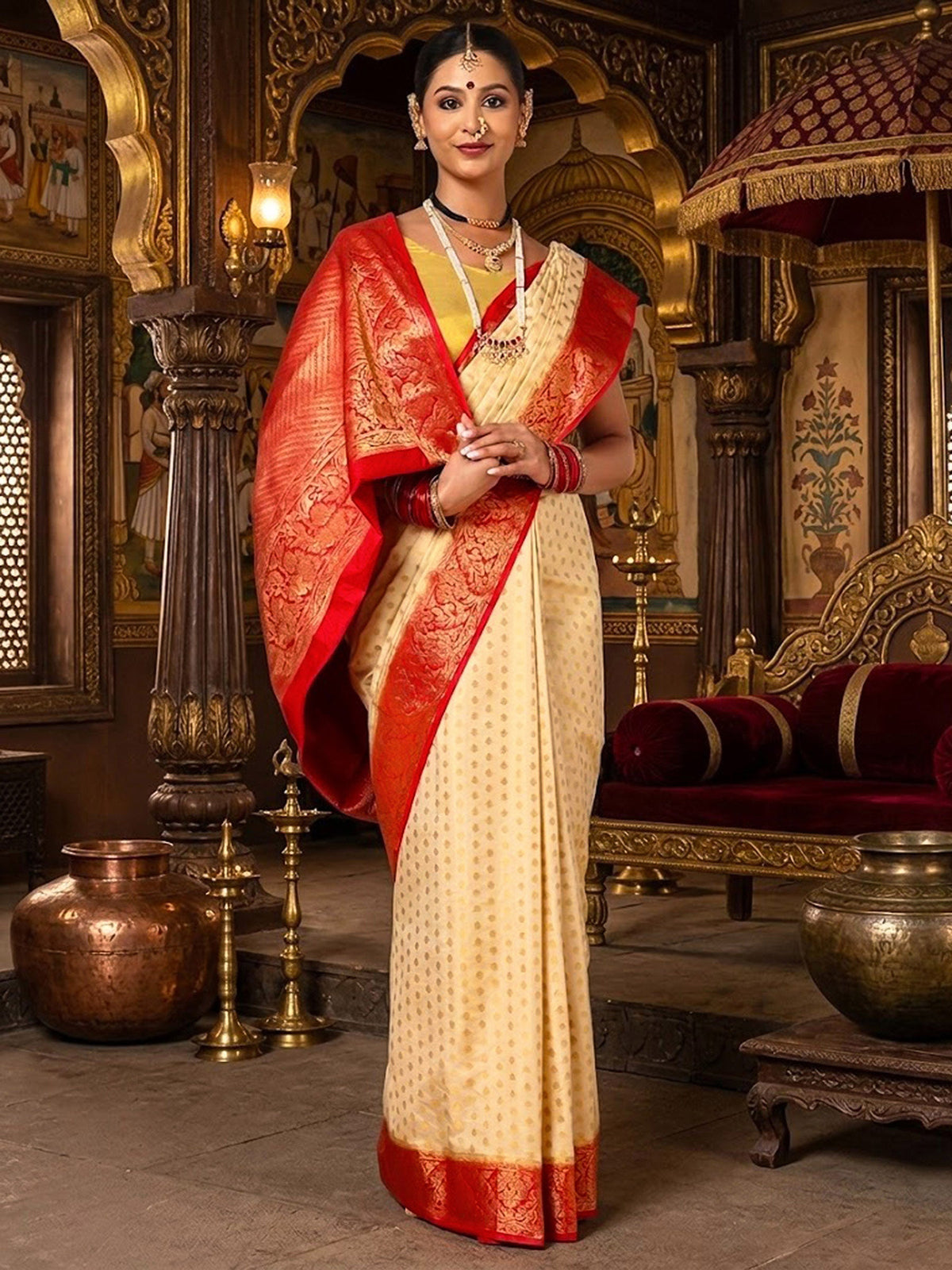 Off White Red Woven Design Balaton Saree