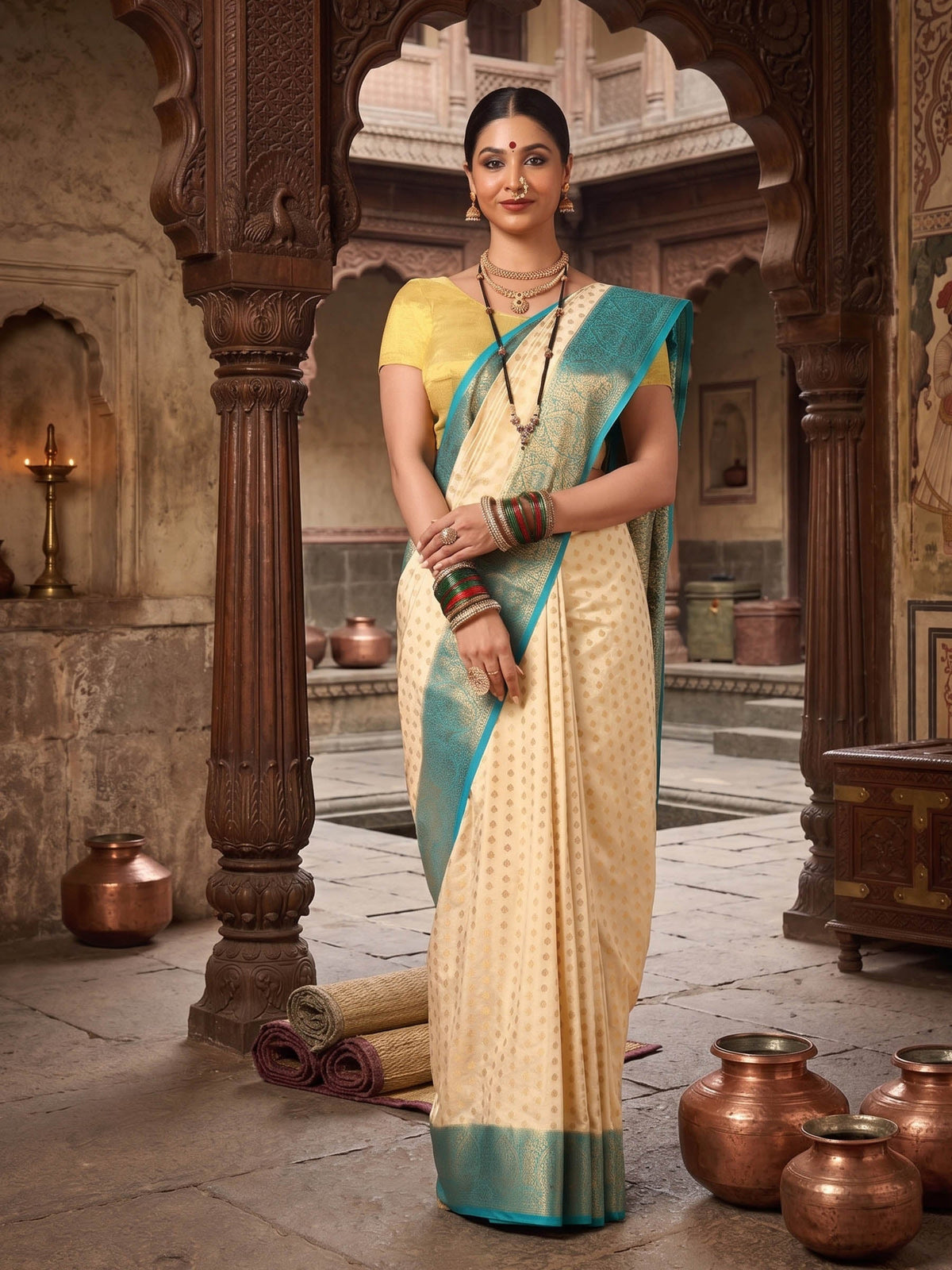 Off White Dark Blue Woven Design Balaton Saree