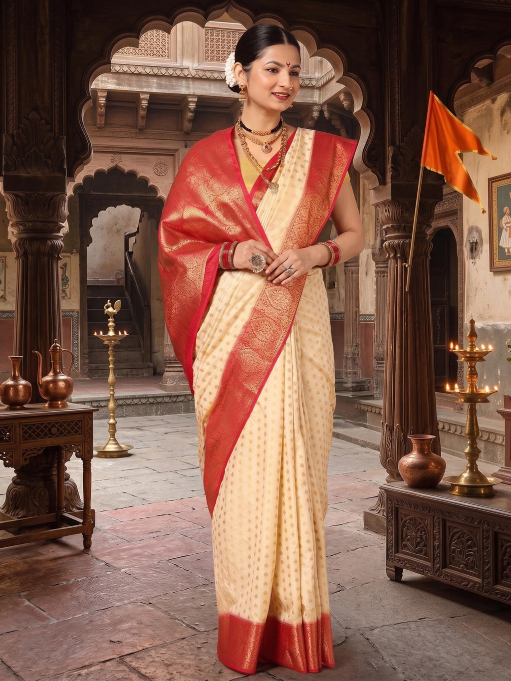 Off White Rani Woven Design Balaton Saree