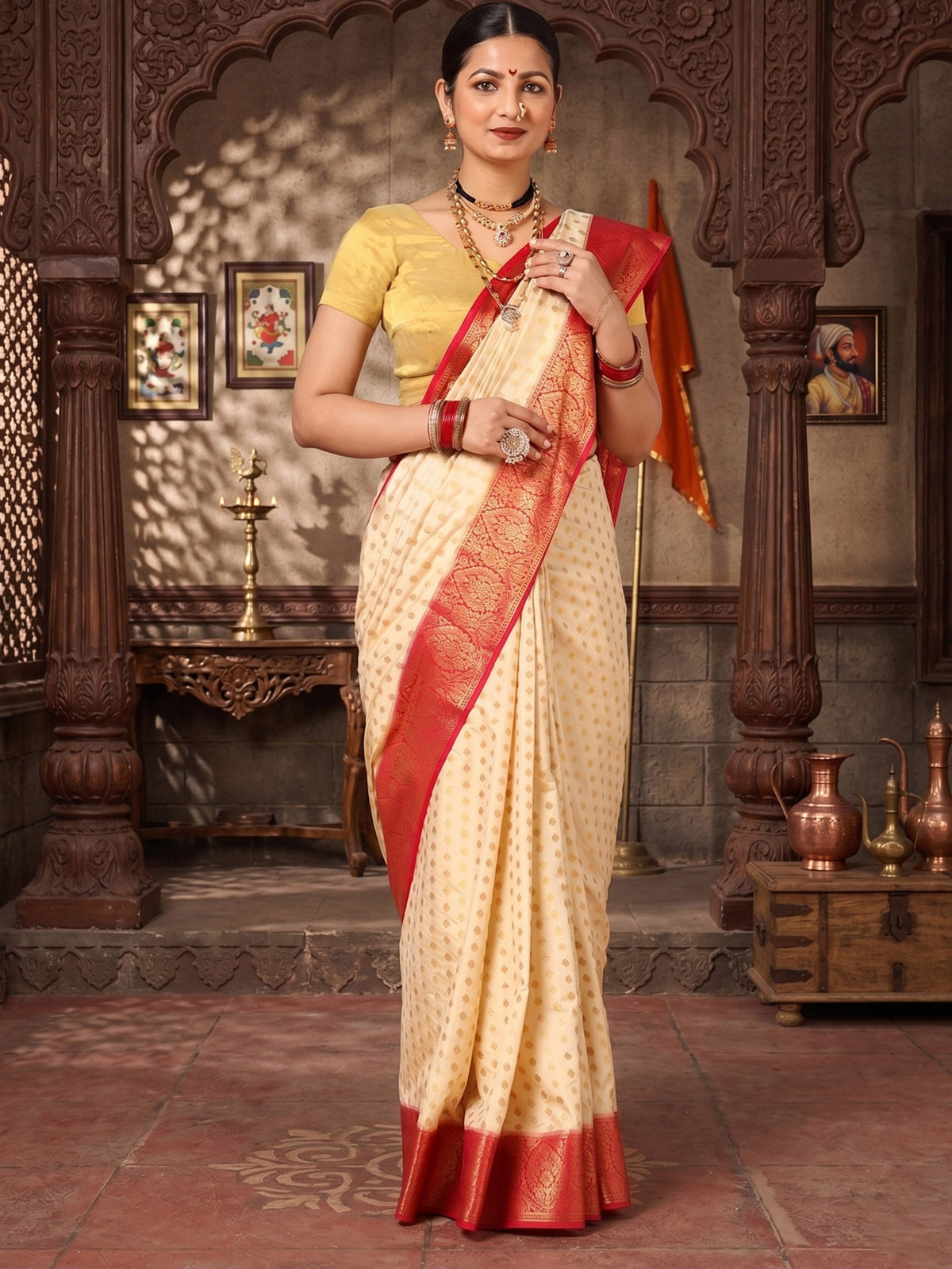 Off White Rani Woven Design Balaton Saree