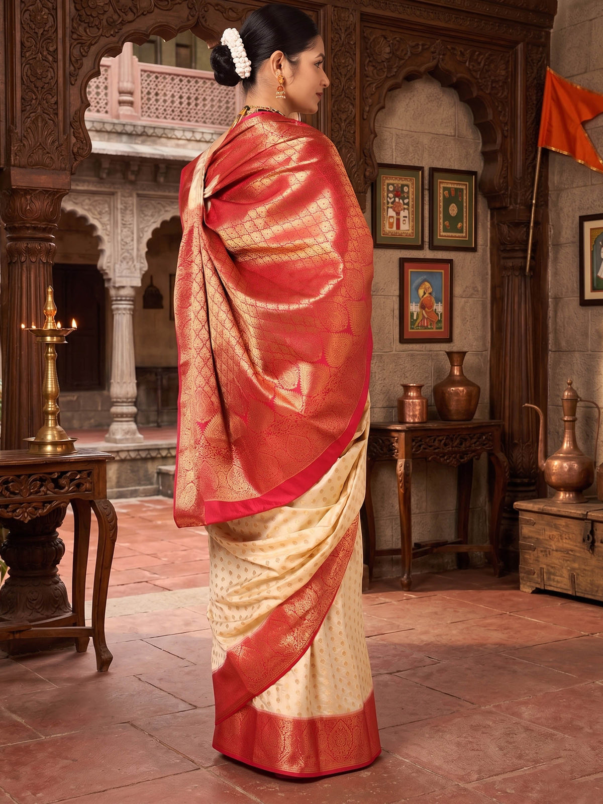 Off White Rani Woven Design Balaton Saree