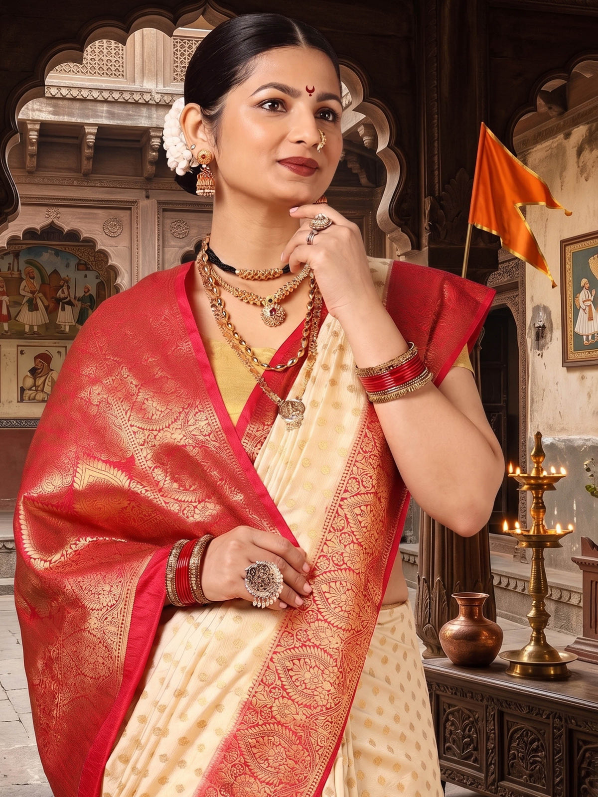Off White Rani Woven Design Balaton Saree