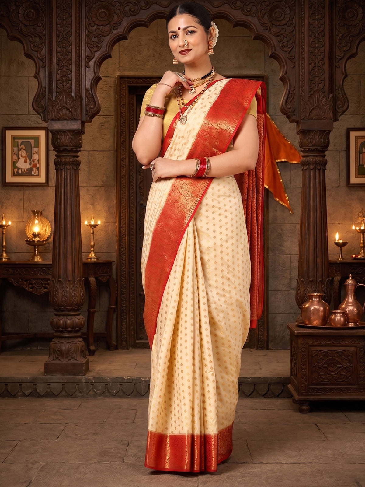 Off White Red Woven Design Balaton Saree