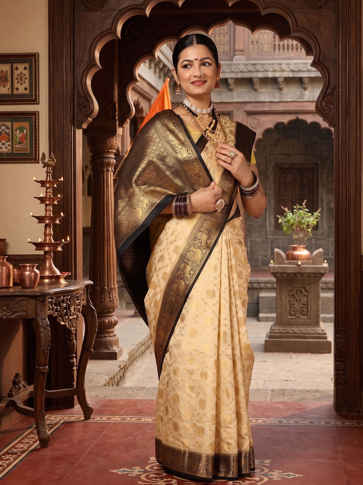 Off White Black Woven Design Balaton Saree