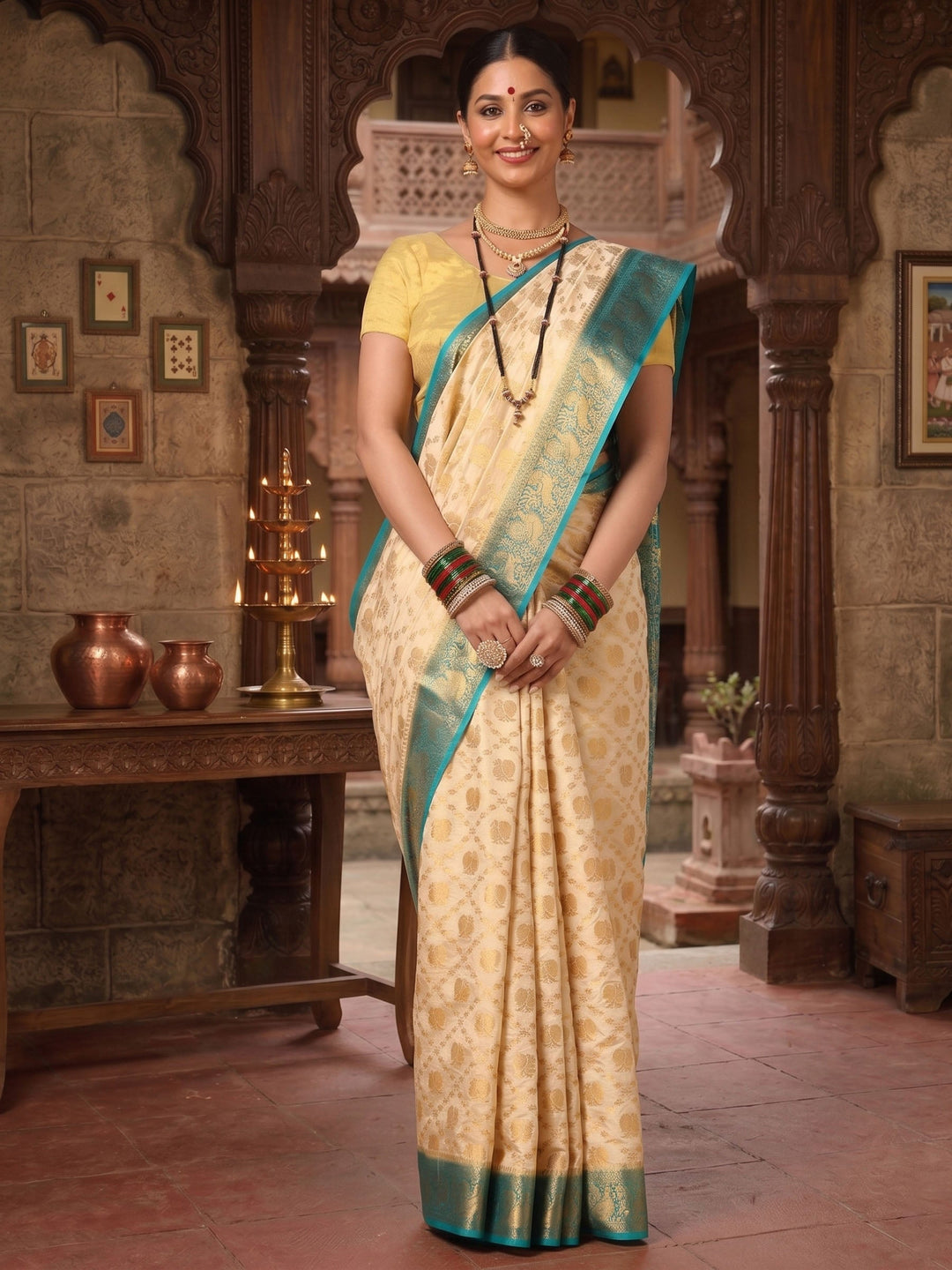 Off White Dark Blue Woven Design Balaton Saree