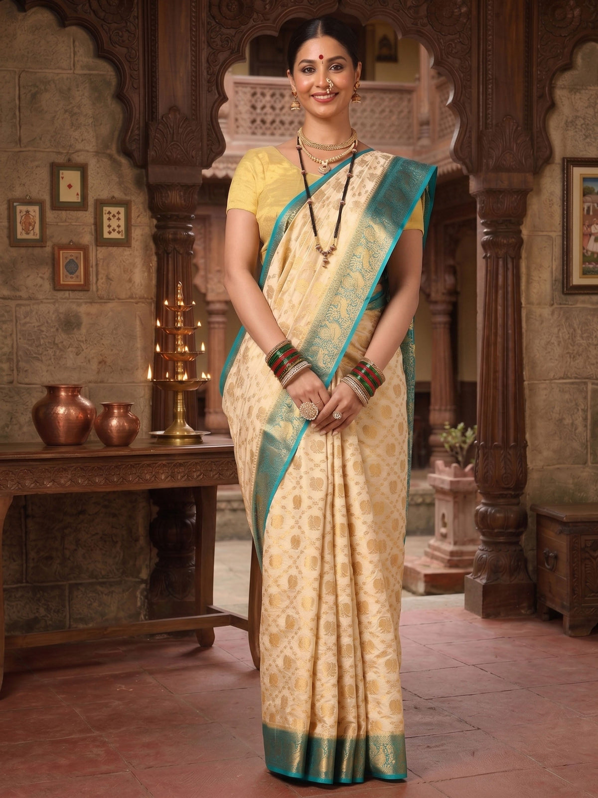Off White Dark Blue Woven Design Balaton Saree