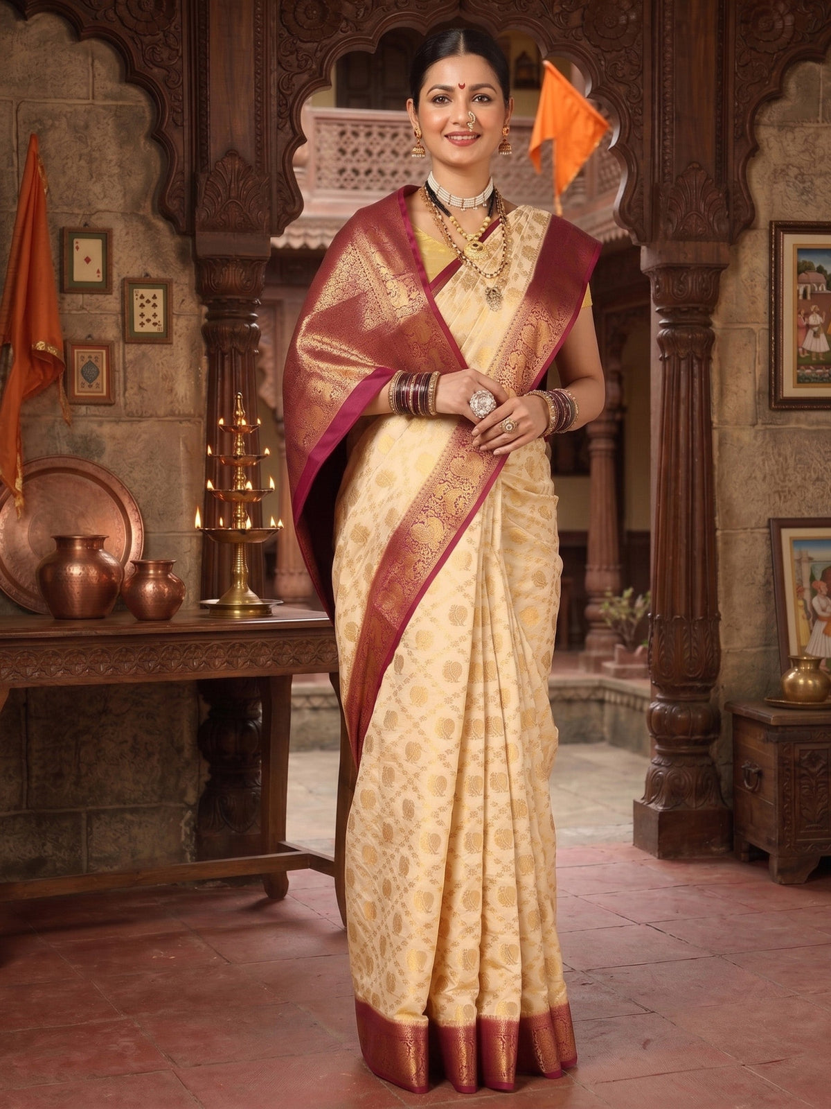 Off White Maroon Woven Design Balaton Saree