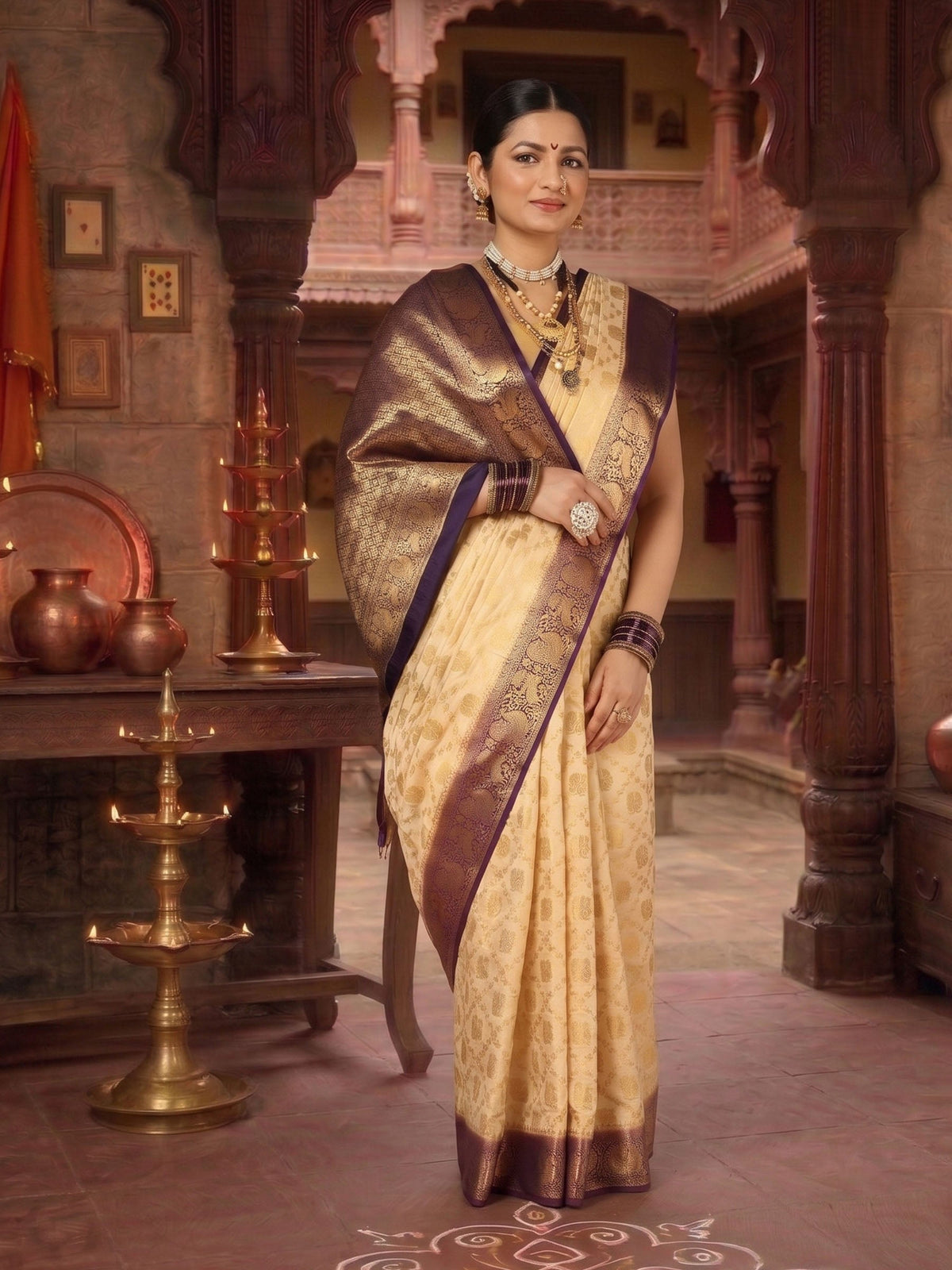 Off White Purple Woven Design Balaton Saree