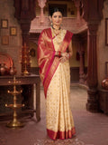 Off White Rani Pink Woven Design Balaton Saree