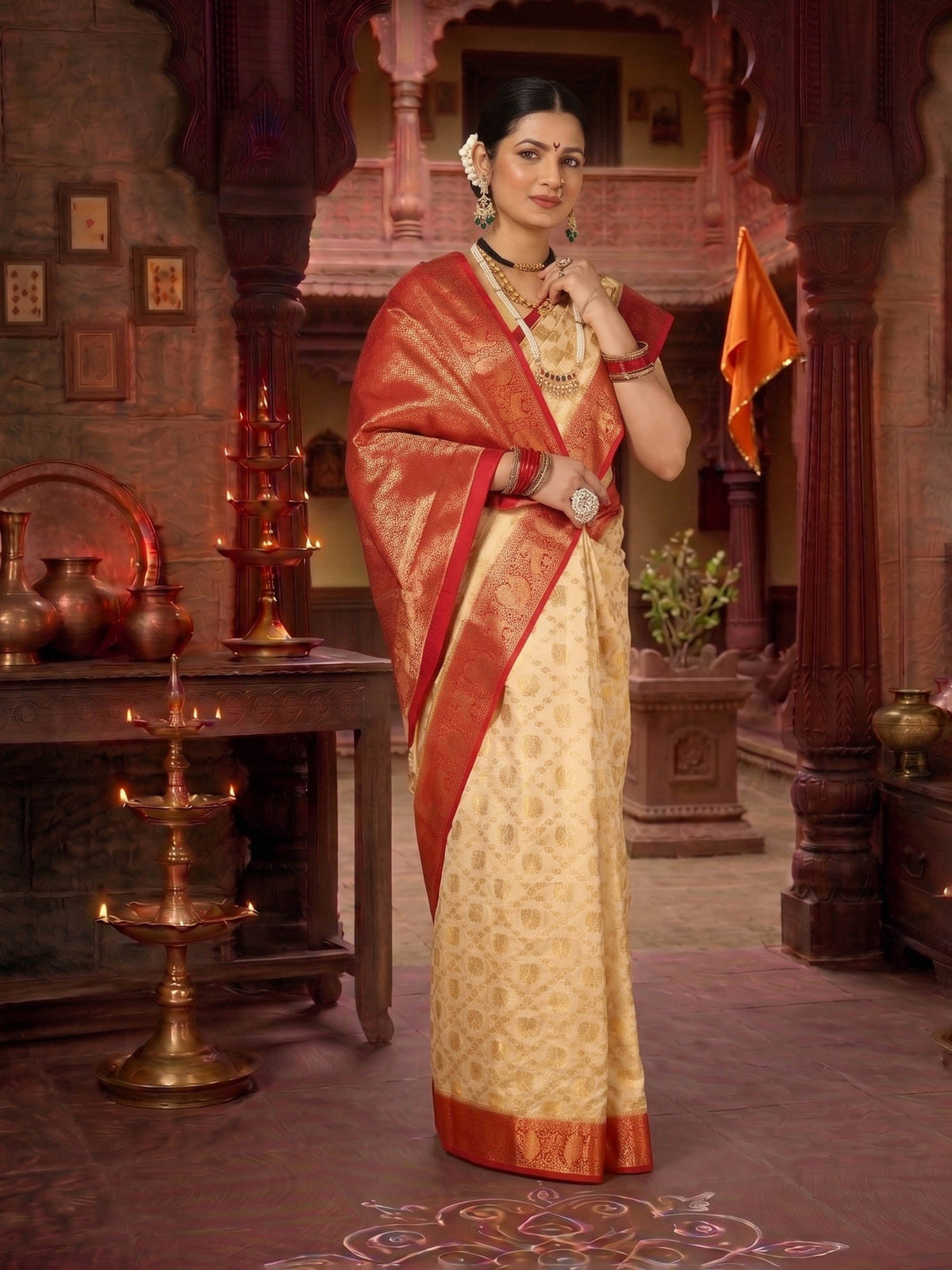 Off White Red Woven Design Balaton Saree