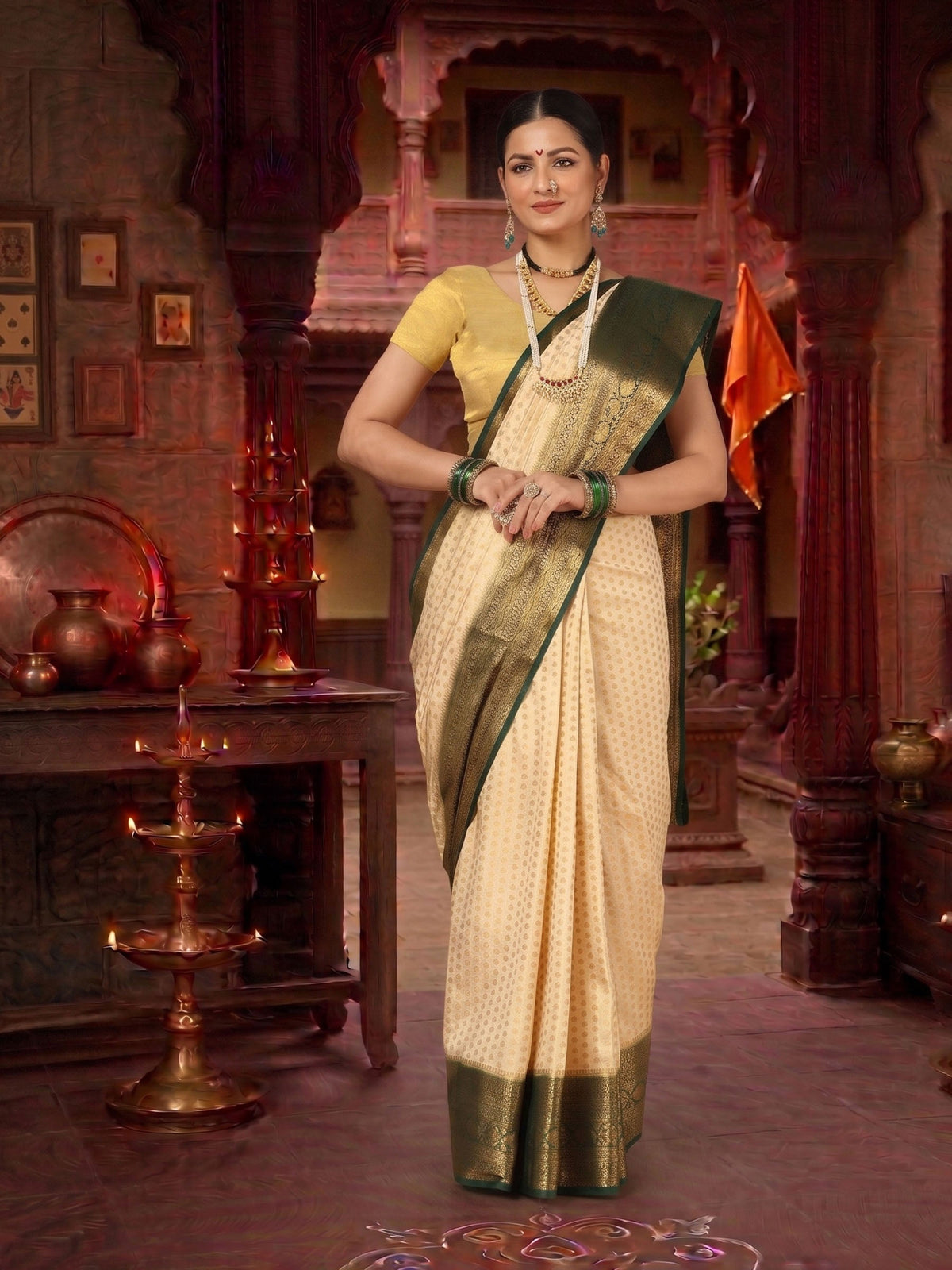 Off White Bottle Green Woven Design Balaton Saree