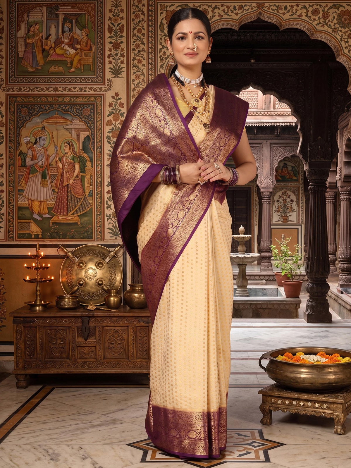 Off White Purple Woven Design Balaton Saree
