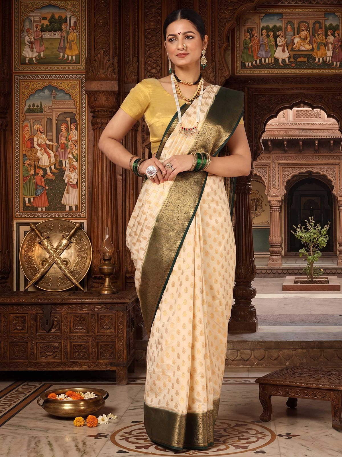 Off White Bottle Green Woven Design Balaton Saree