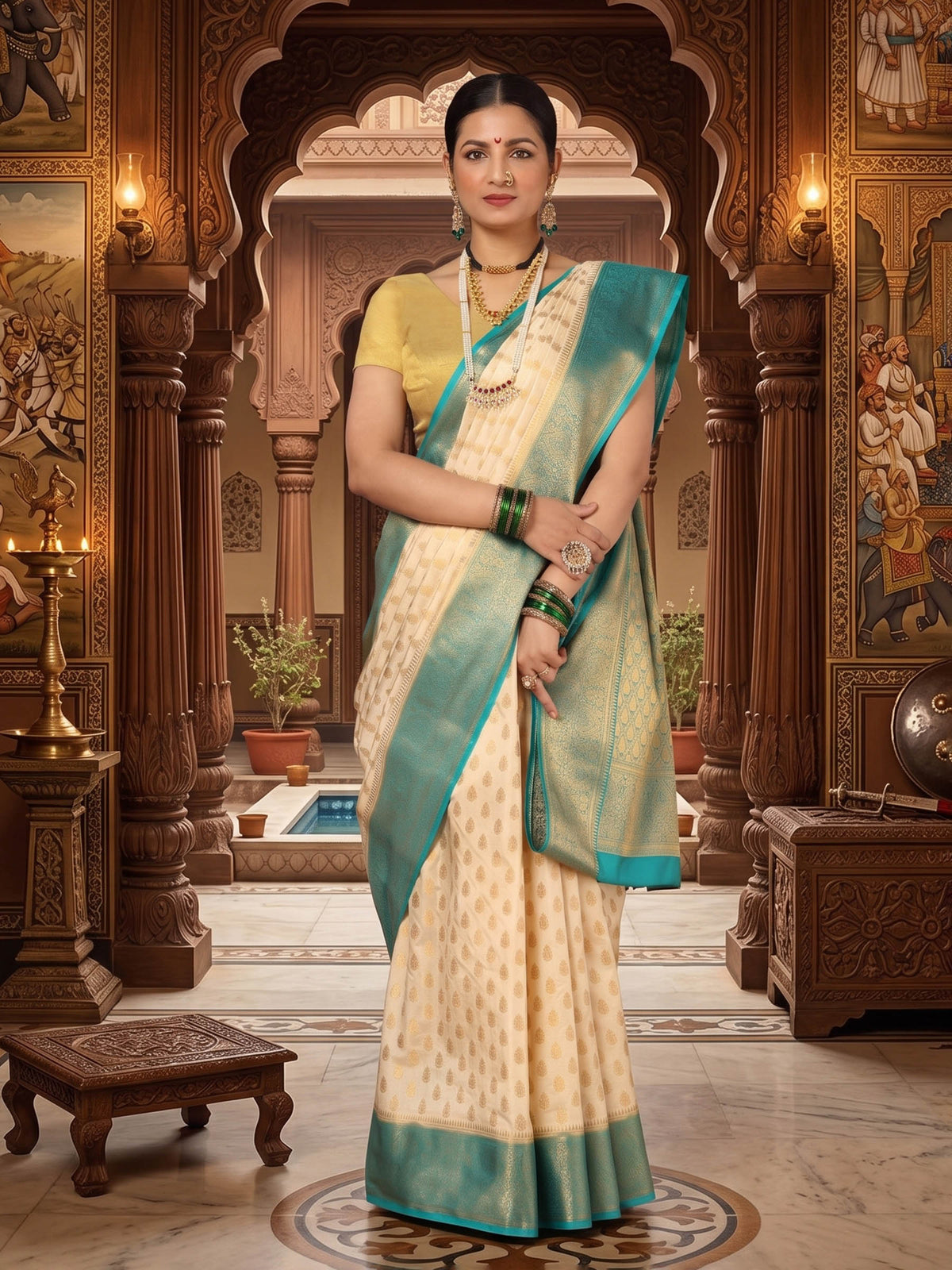 Off White Dark Blue Woven Design Balaton Saree