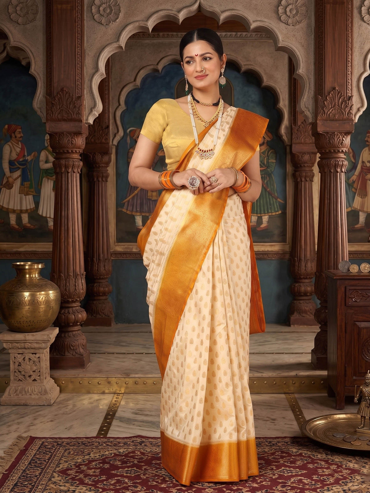 Off White Mustard Woven Design Balaton Saree