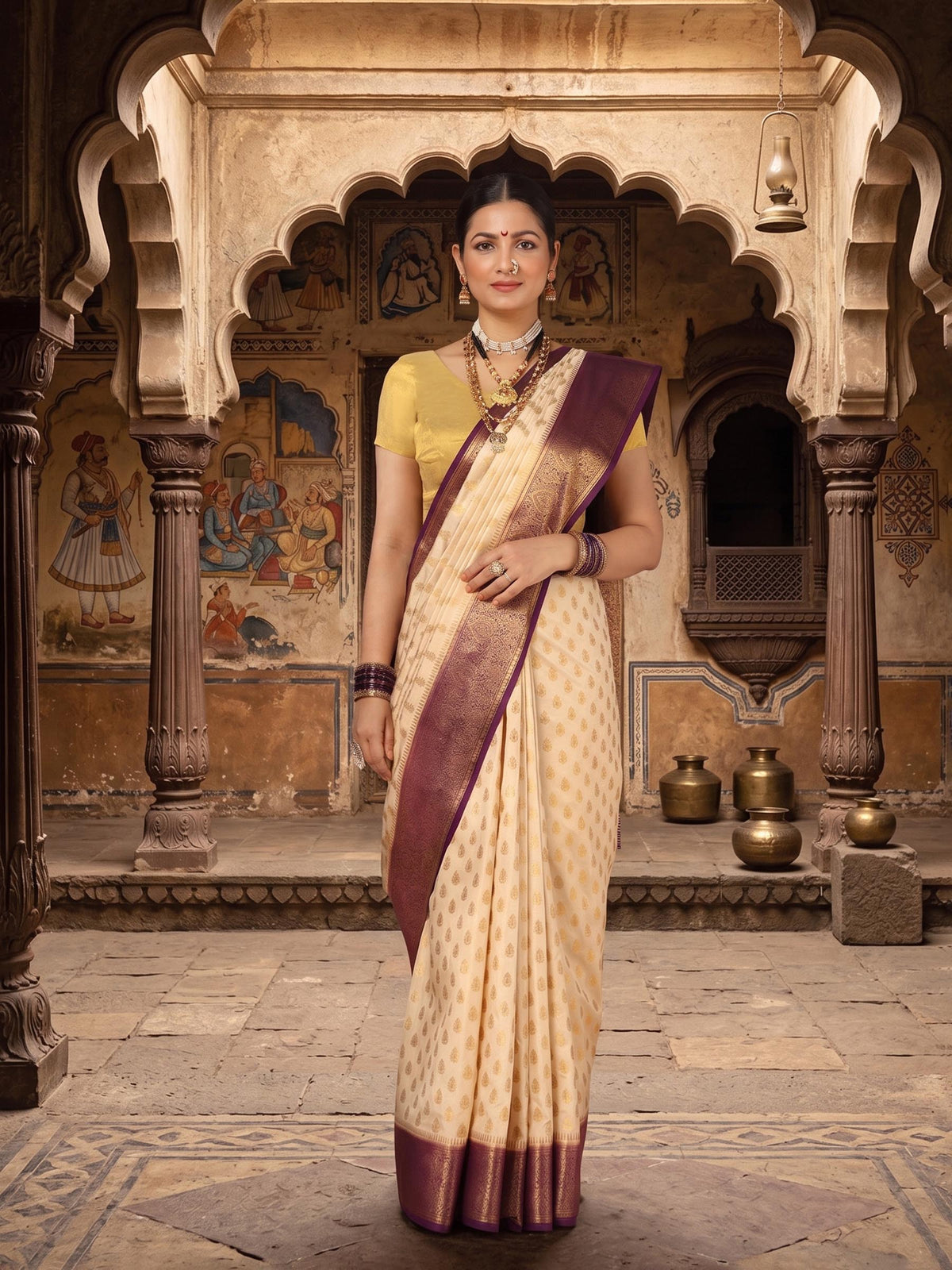 Off White Navy Woven Design Balaton Saree