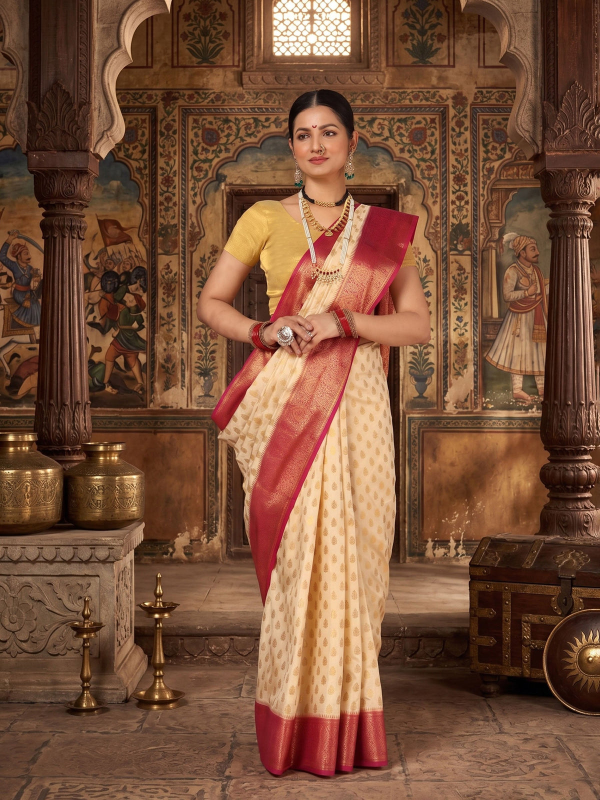 Off White Rani Pink Woven Design Balaton Saree