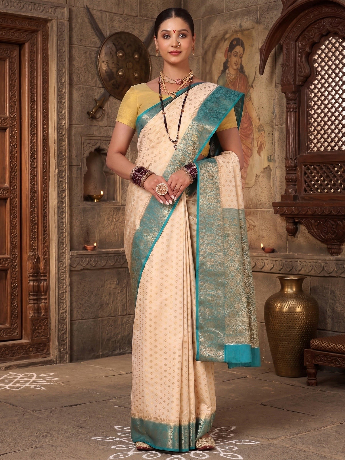 Off White Dark Blue Woven Design Balaton Saree