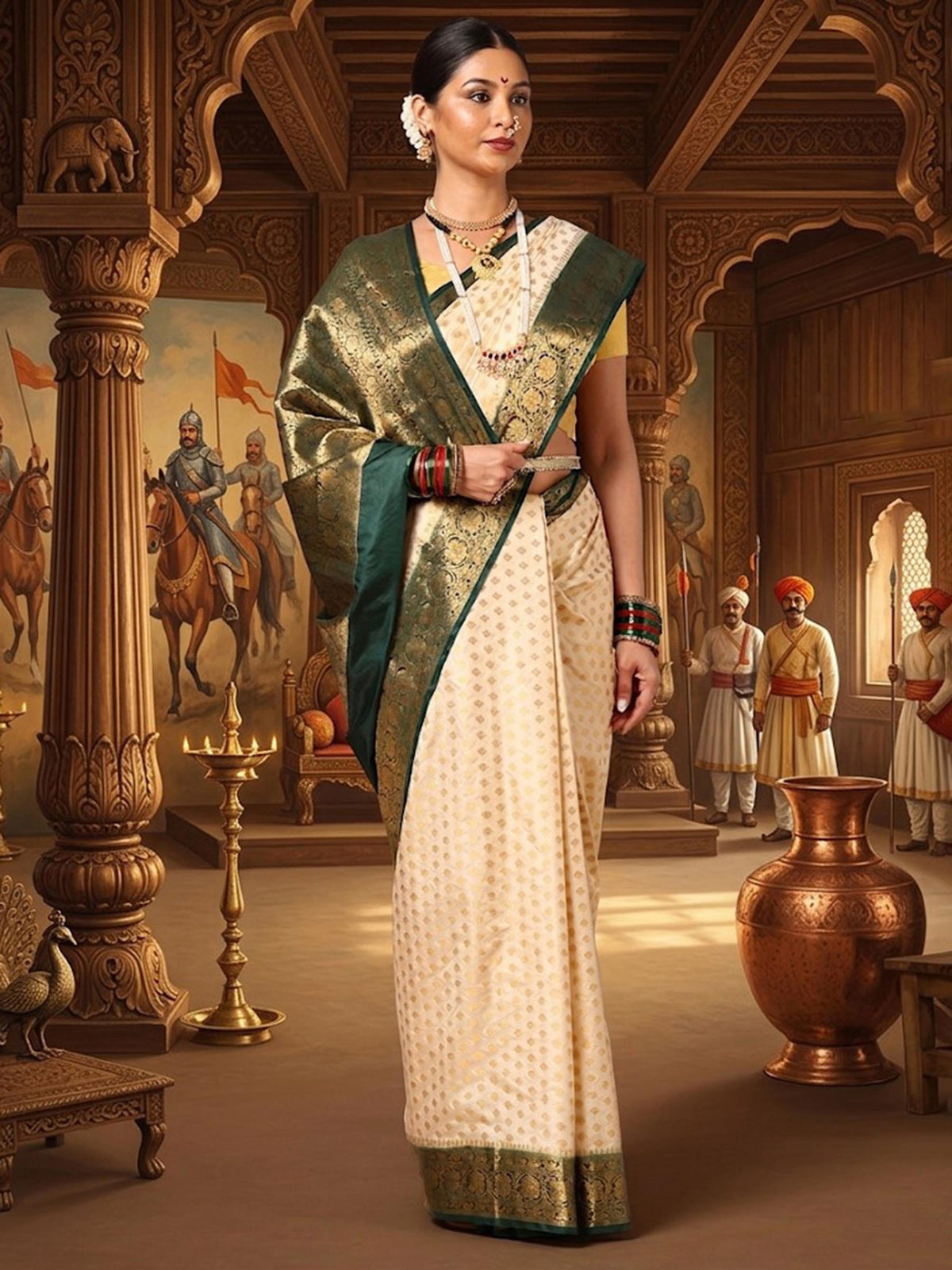 Off White Dark Green Woven Design Balaton Saree
