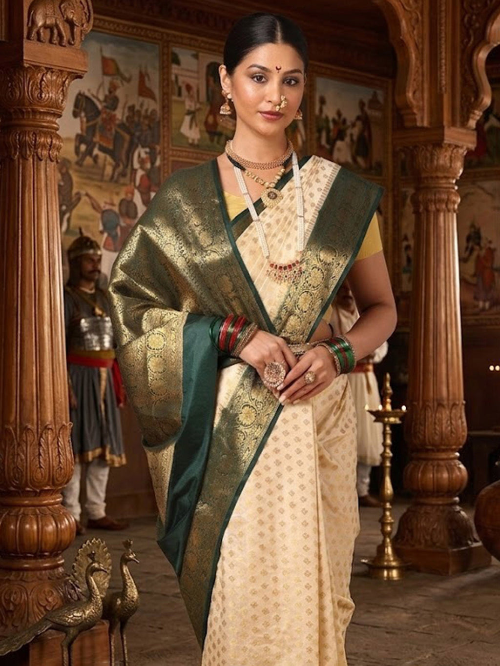 Off White Dark Green Woven Design Balaton Saree