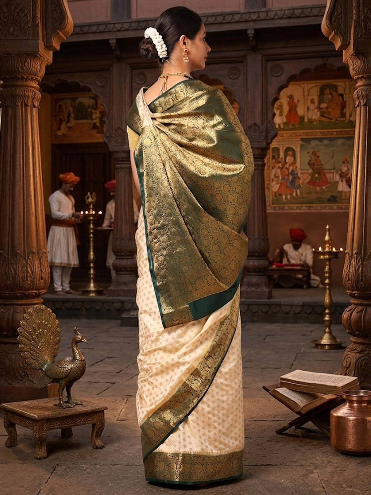 Off White Dark Green Woven Design Balaton Saree