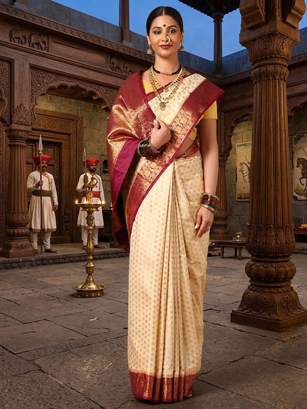 Off White Maroon Woven Design Balaton Saree