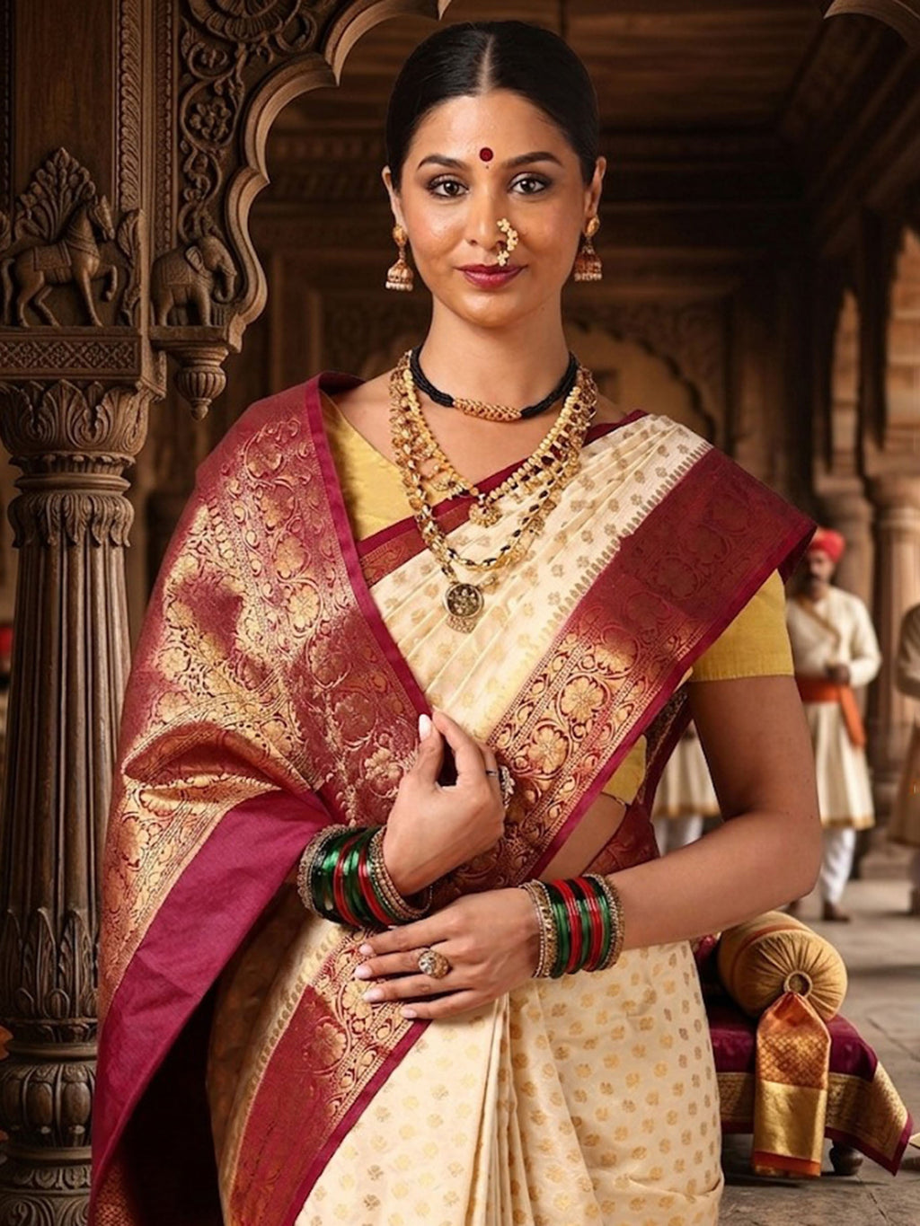 Off White Maroon Woven Design Balaton Saree
