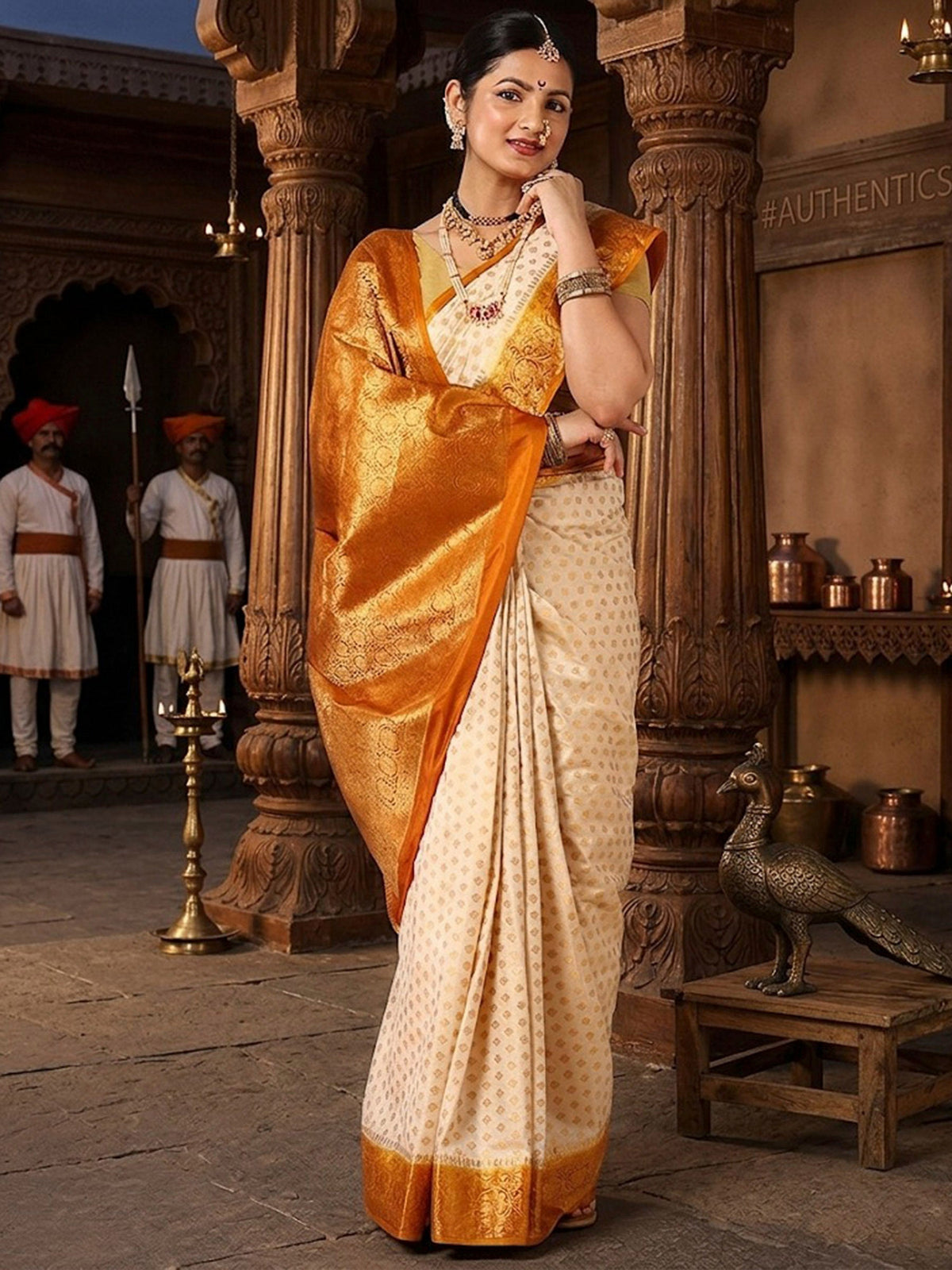 Off White Mustard Woven Design Balaton Saree
