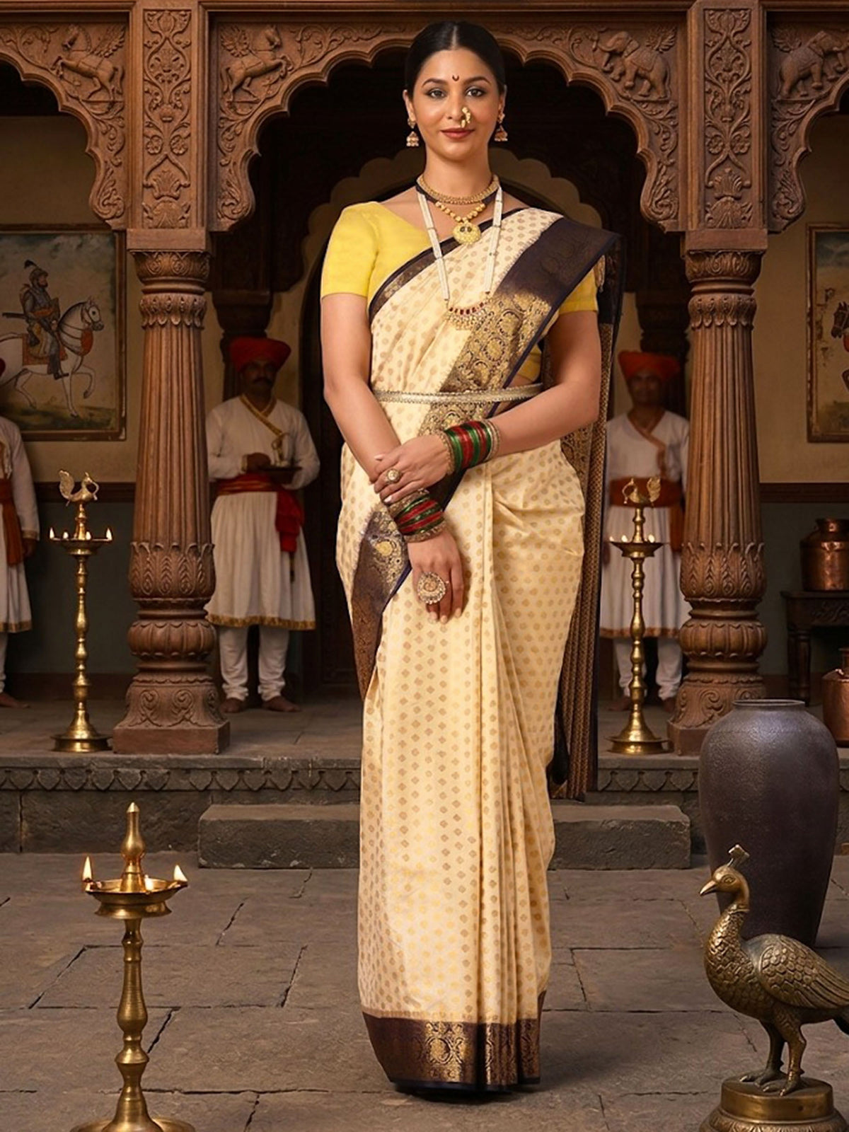 Off White Navy Woven Design Balaton Saree