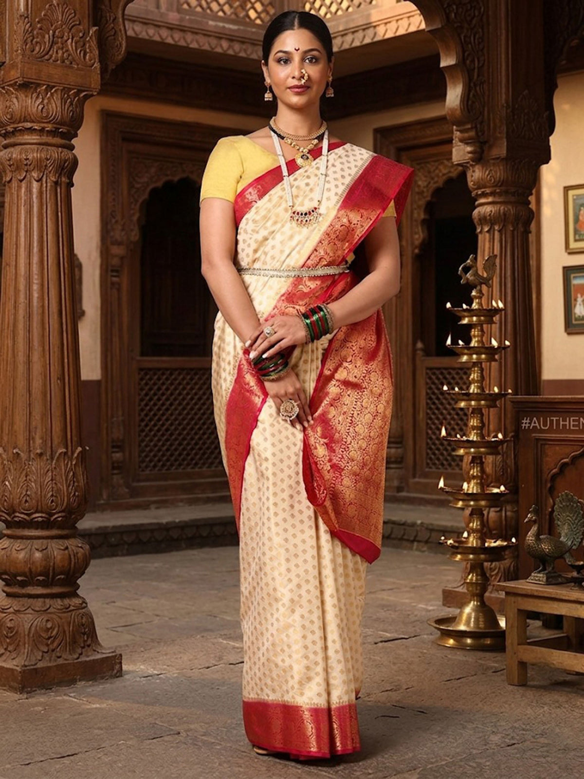 Off White Rani Pink Woven Design Balaton Saree