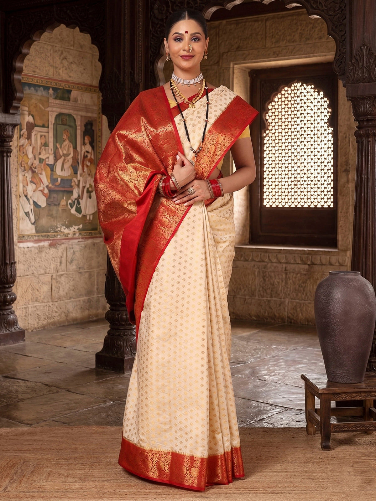 Off White Red Woven Design Balaton Saree