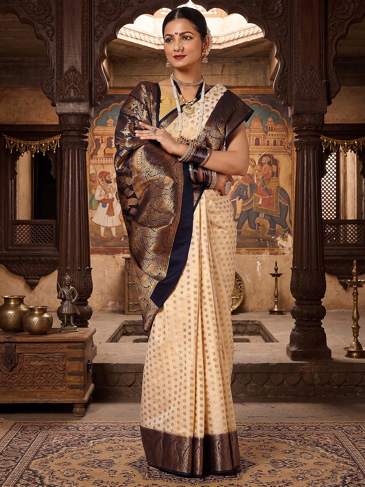 Off White Navy Woven Design Balaton Saree