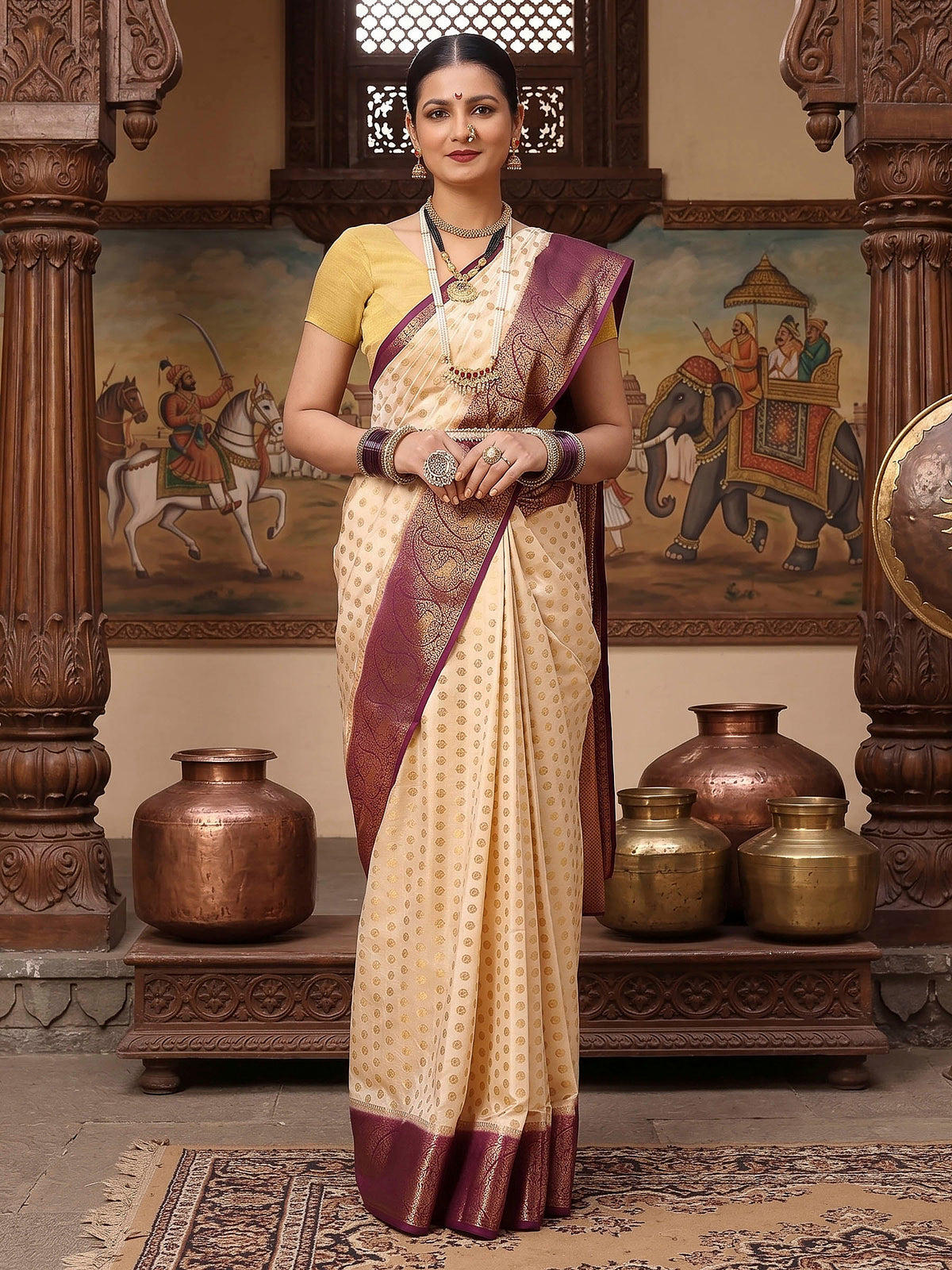 Off White Purple Woven Design Balaton Saree