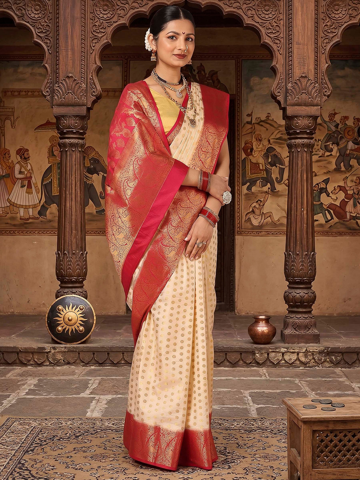 Off White Rani Pink Woven Design Balaton Saree