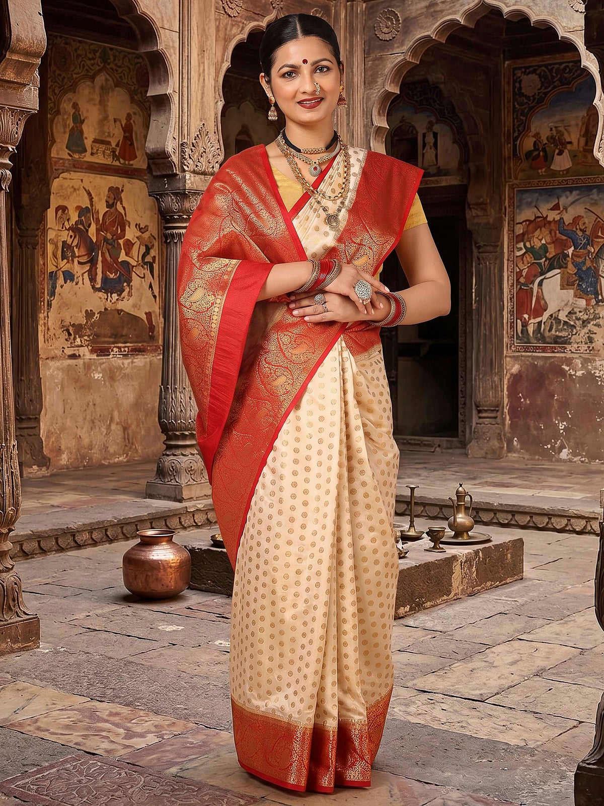 Off White Red Woven Design Balaton Saree