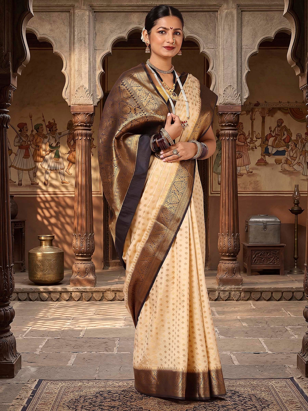 Off White Black Woven Design Balaton Saree